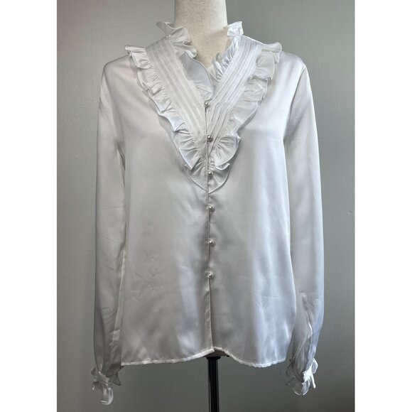 Vtg Alicia High Neck Satin Blouse Womens 14 Cream Ruffle Long Sleeve 80s - Picture 1 of 7